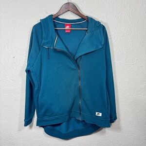 Nike Modern Cape Jacket Hoodie L Teal Asymmetric Pockets Funnel Neck Logo 804577
